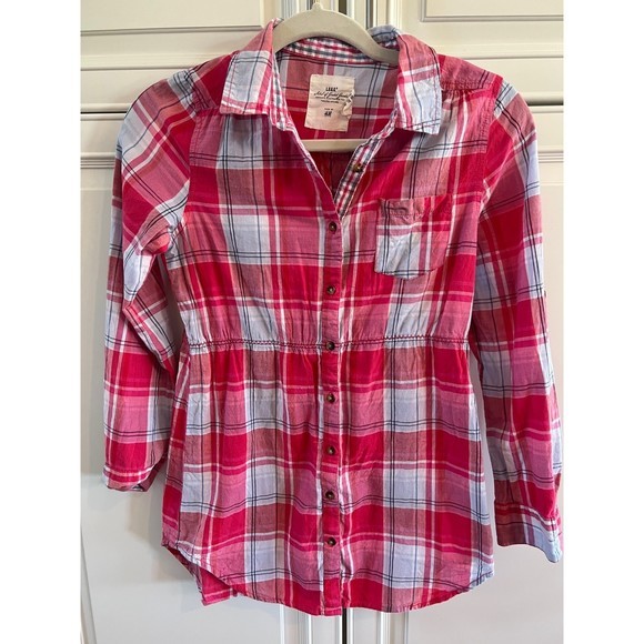 H&M LOGG Top Shirt Youth Girls 11-12 Red and‎ Blue Collared Button Up Tunic - Picture 1 of 5